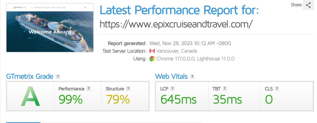 Epix Cruise and Travel GT Metrix score