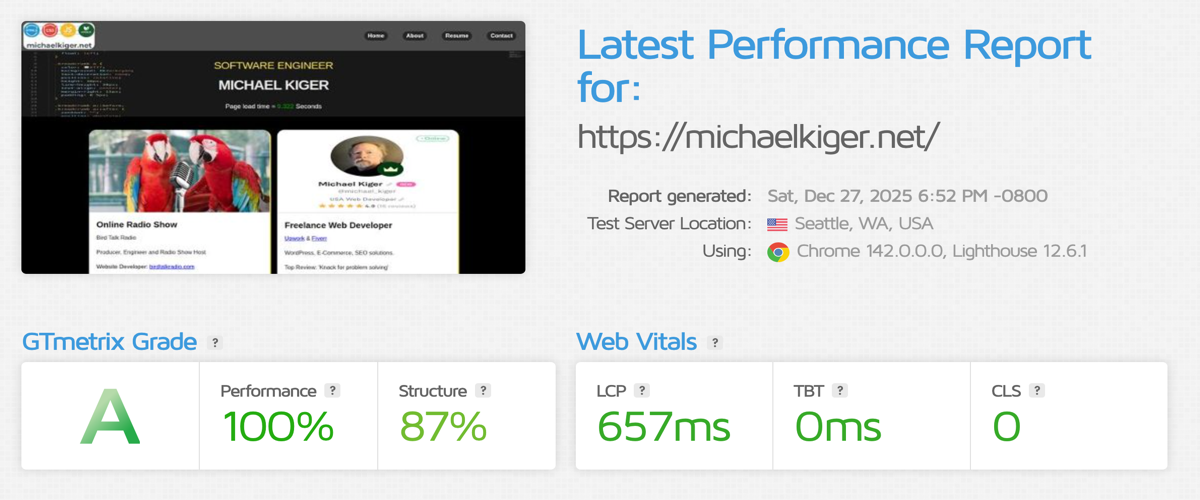 GT Metrix page load speed score screenshot