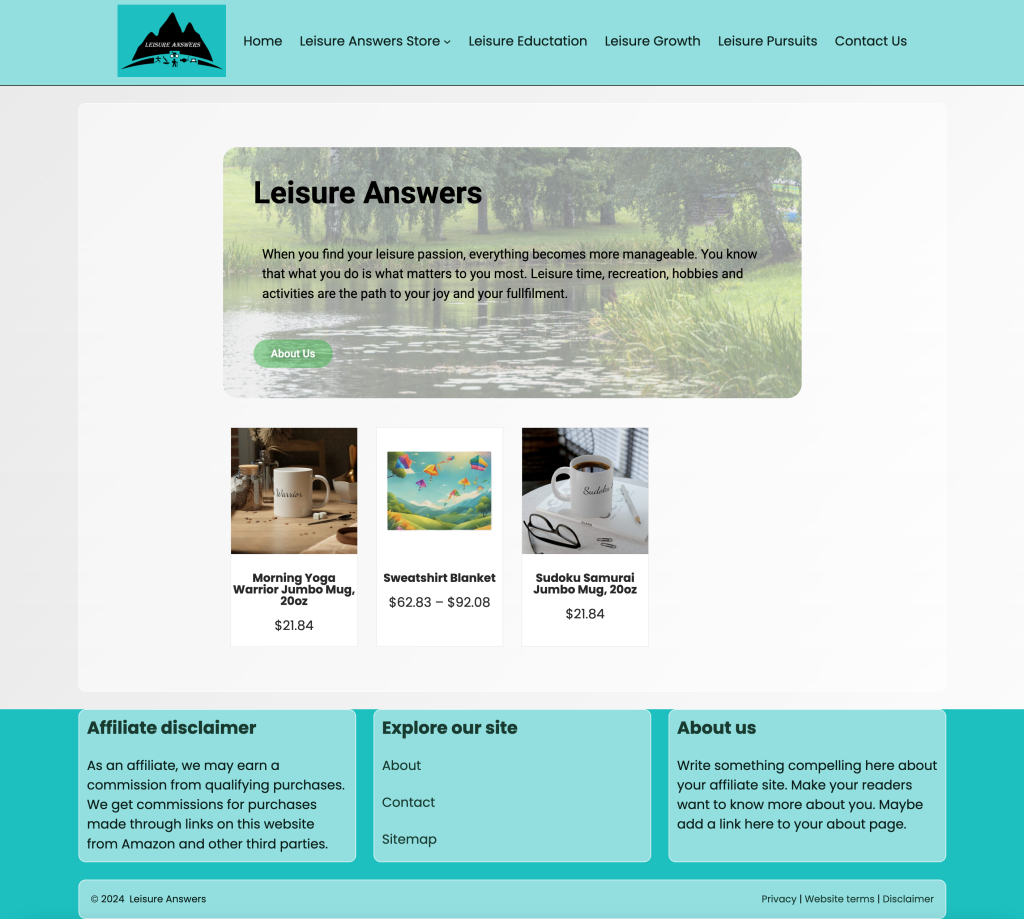 Leisure Answers Home page screenshot